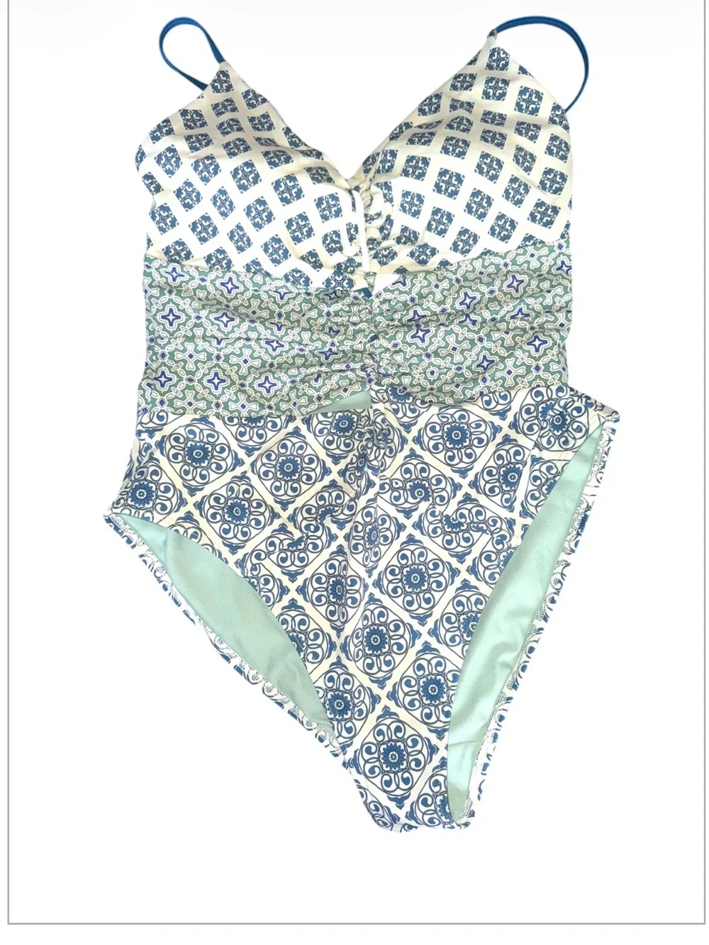 Boden Tile Print Lace-Up One Piece Swimsuit US 10 NWOT